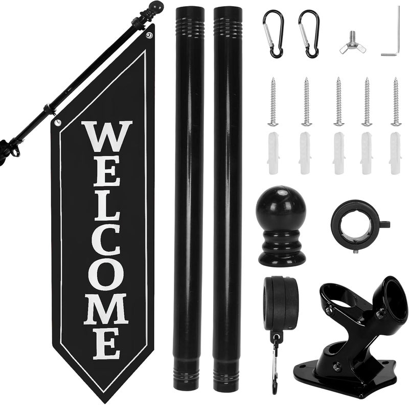 yeload Heavy Duty Double Sided Welcome Flag Kit – 42x13" Outdoor Canvas Banner with Pole & Metal Bracket – Business Storefront Sign for Retail, Shop, or Restaurant Marketing Display (Black) - Image 1