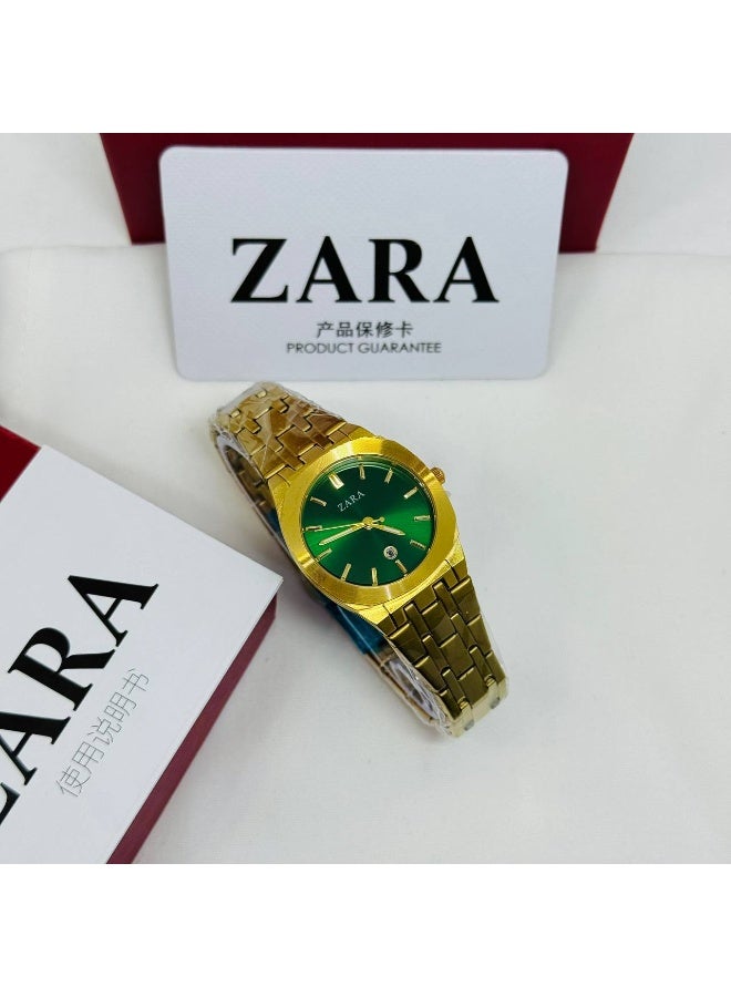 ZARA Women's Gold-Tone Watch with Emerald Green Dial and Date