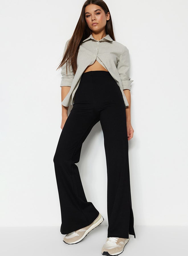 trendyol Black With Slits in the Sides, Flare/Flare-Flare High Waist Knitted Trousers - Image 4