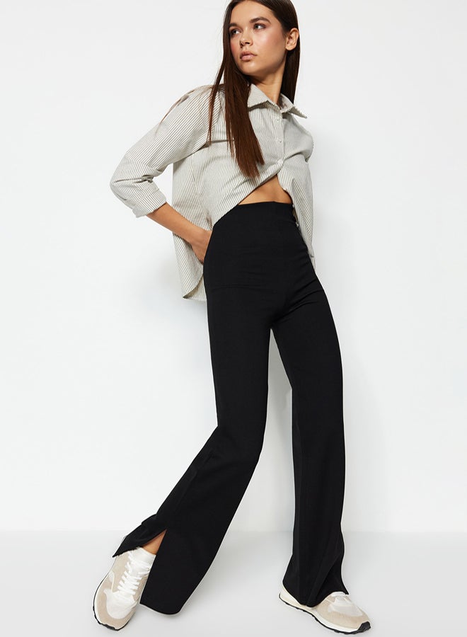 trendyol Black With Slits in the Sides, Flare/Flare-Flare High Waist Knitted Trousers - Image 1