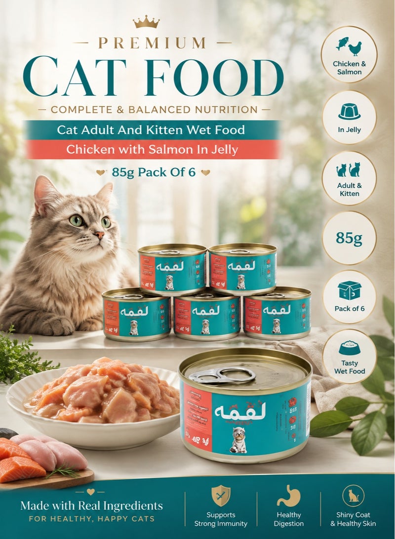 Cat Adult And Kitten Wet Food Chicken with Salmon In Jelly 85g Pack Of 6