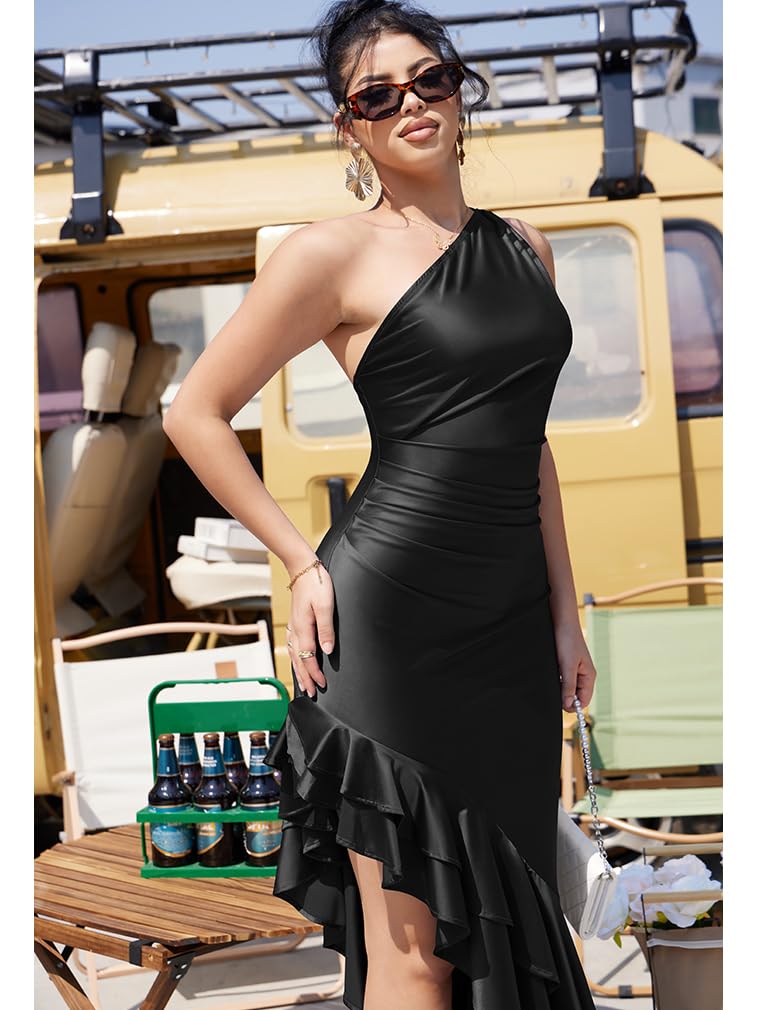LAGSHIAN Women's Elegant One Shoulder Ruched Asymmetric Ruffle Satin Cocktail Party Maxi Dress Black - Image 4