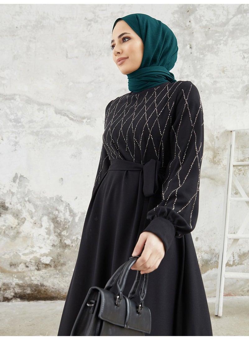 Muslim Women's Modest Abaya Dress with Heat-Set Rhinestone Detail and Tie Belt - Image 2