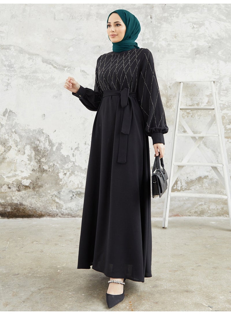 Muslim Women's Modest Abaya Dress with Heat-Set Rhinestone Detail and Tie Belt - Image 3