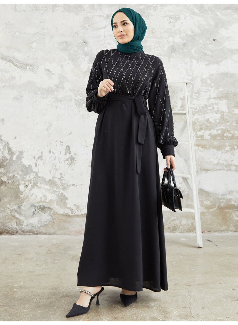 Muslim Women's Modest Abaya Dress with Heat-Set Rhinestone Detail and Tie Belt - Image 1