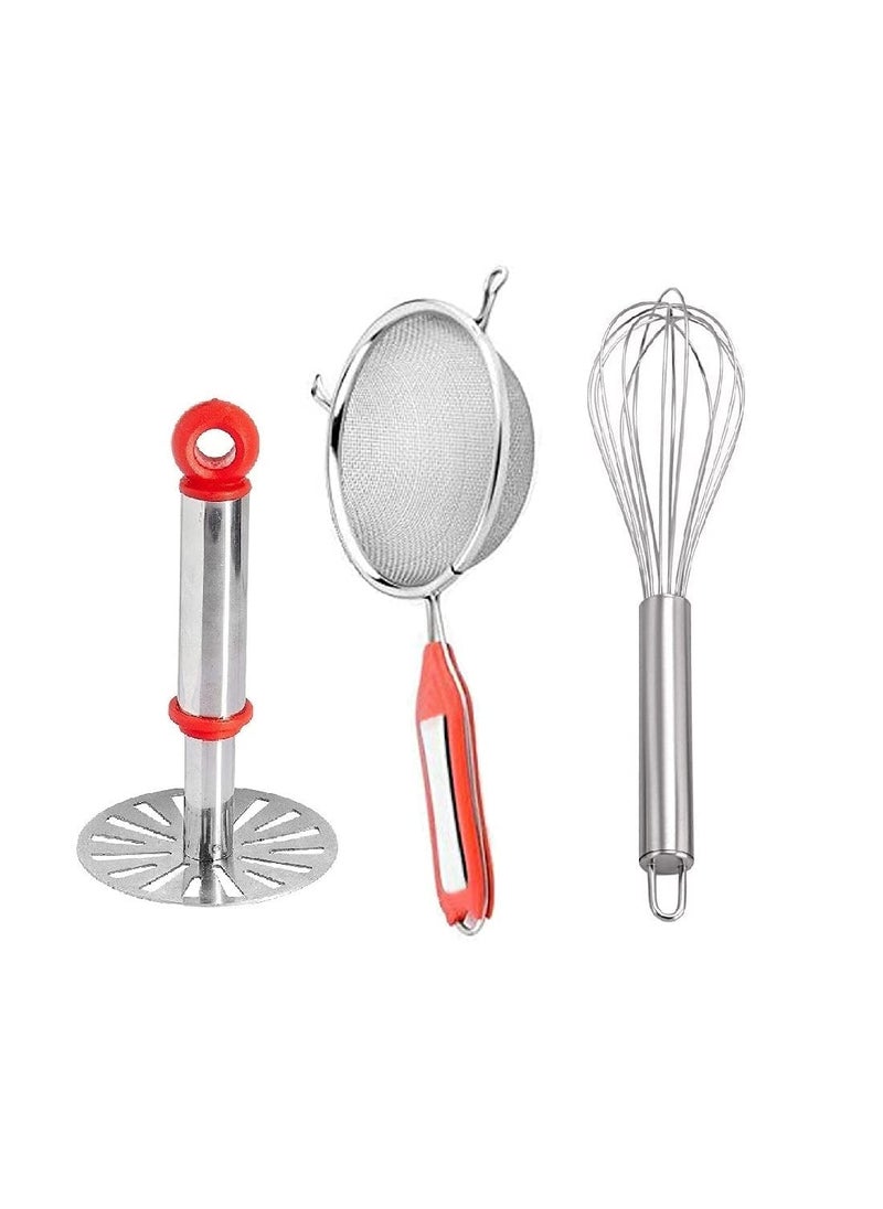 C DEVICE C DEVICE Combo of Potato Vegetables Pav Bhaji Masher with Stainless Steel Soup Strainer Egg Beater Whiske  - Image 1