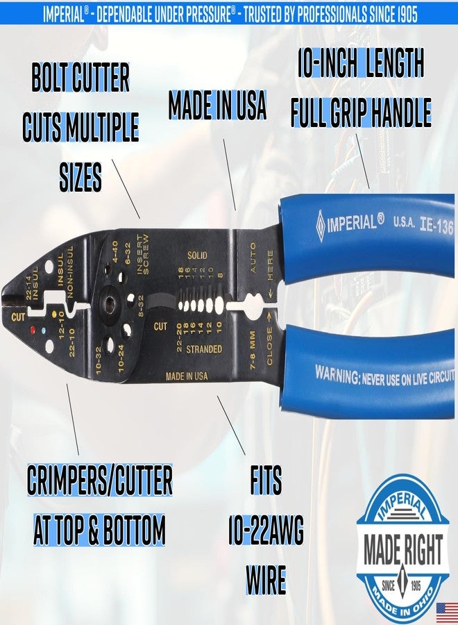 إمبريال أداة Imperial Tool IE-136 متعددة الاستخدامات، أداة تجريد، أداة تجعيد، قاطع أسلاك، 10-22 AWG أداة قص/تجعيد/أداة تجريد - Image 3