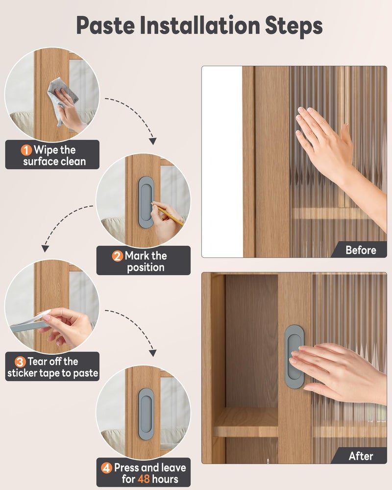 Mebantoo 8 Pack Self-Stick Door Handles, 4 Inch Aluminum Alloy Self Adhesive Flat Finger Pulls, No Drill Cabinet Knobs For Drawer, Sliding Glass/Barn/Closet/Balcony Doors (8, Grey) - Image 4