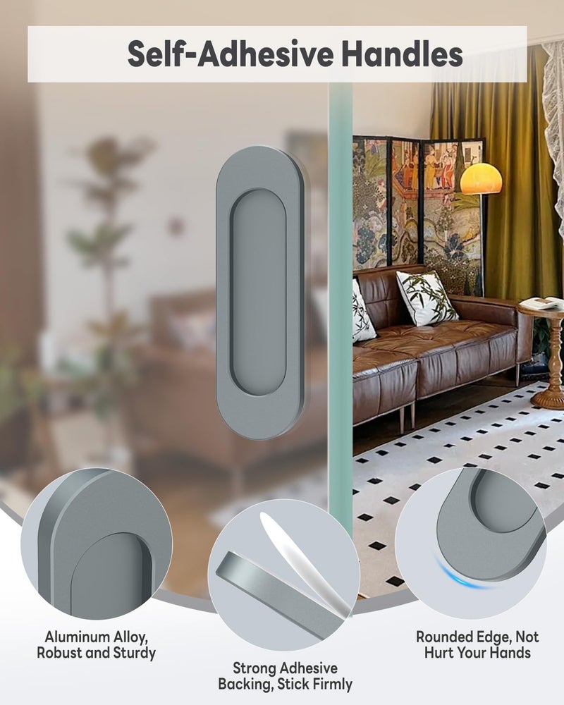 Mebantoo 8 Pack Self-Stick Door Handles, 4 Inch Aluminum Alloy Self Adhesive Flat Finger Pulls, No Drill Cabinet Knobs For Drawer, Sliding Glass/Barn/Closet/Balcony Doors (8, Grey) - Image 2