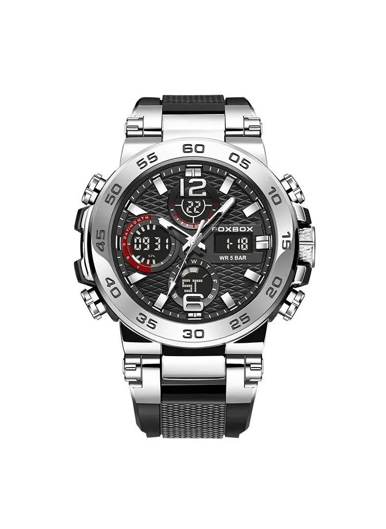 FOXBOX - Dual Display Electronic Watch, Fashionable And Cool Multifunctional Silicone Glow Men's Watch, Sport Leisure Waterproof Business Watch, Military Wrist Watch For Men, (Silver Black) - Image 1