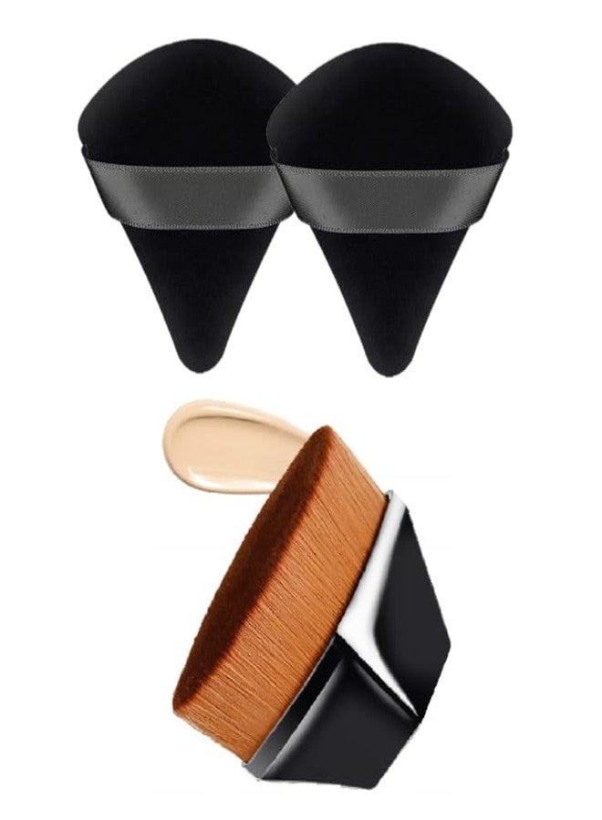 Houvida Foundation Brush and 2Pcs Triangle Powder Puffs, Base Makeup Brush for Blending Liquid, Face Makeup Puff for Body Loose Powder Beauty Makeup Tool (Black Color) - Image 1