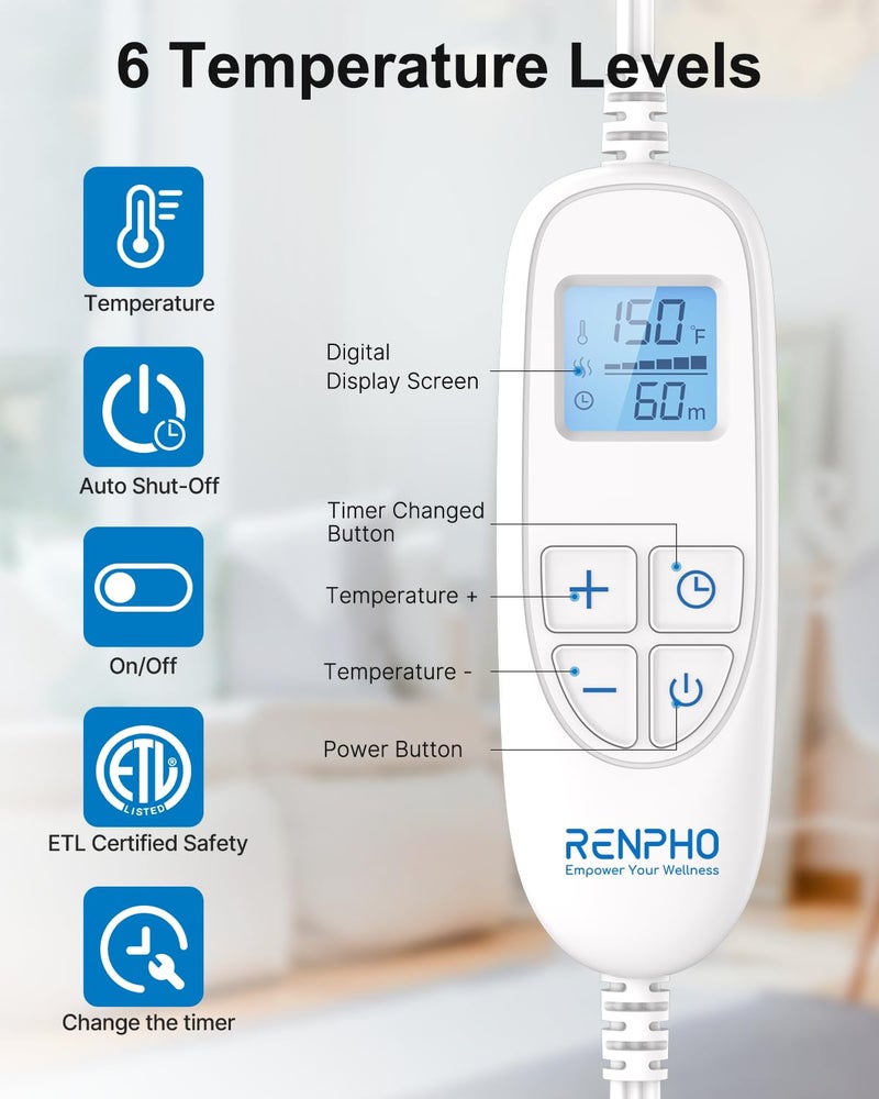 RENPHO Valentines Day Gifts for Her Him, Heating Pad for Neck and Shoulders and Back, Birthday Gifts for Women Men, FSA Eligible HSA Store, 24"x33" Weighted Electric Heat Pad, ETL Certified, Blue - Image 4