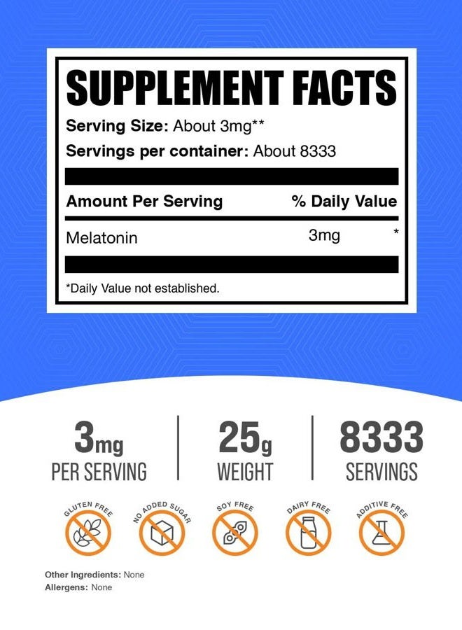 BulkSupplements .com مسحوق الميلاتونين - ميلاتونين نقي، مساعد للنوم للبالغين - نباتي وخالي من الغلوتين، 3 ملغ لكل حصة، 25 غ (0.88 أونصة) (عبوة من 1) - Image 2
