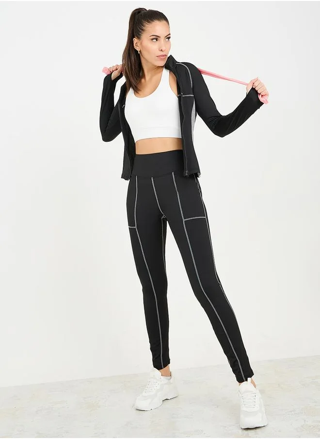 Styli Colorblock Contrast Stitch Detail Zip Up Jacket & Leggings Set