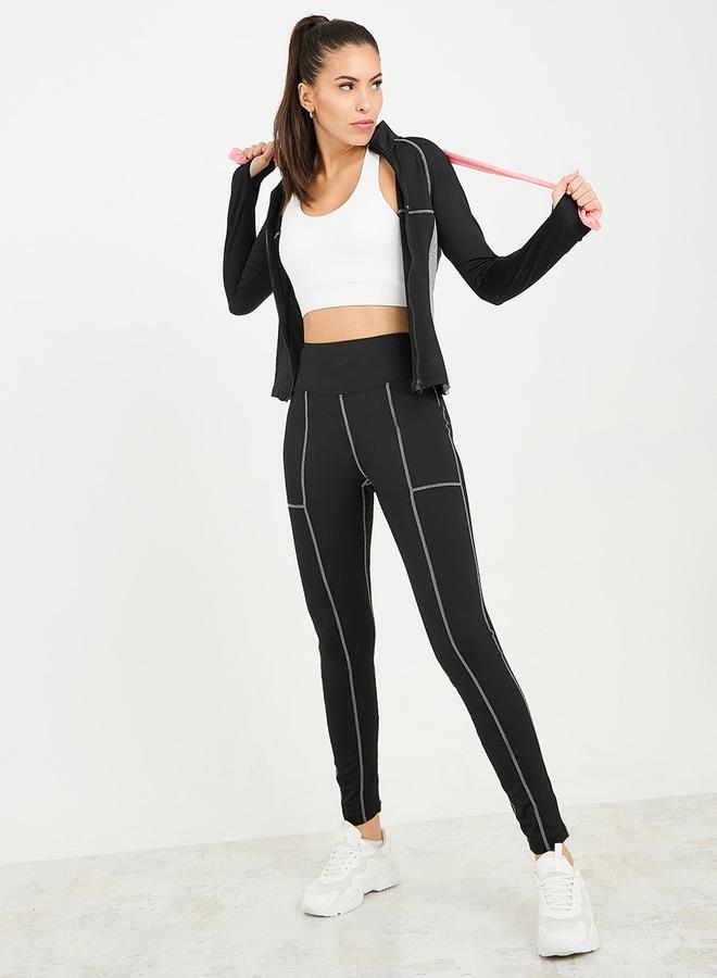 Styli Colorblock Contrast Stitch Detail Zip Up Jacket & Leggings Set  - Image 1