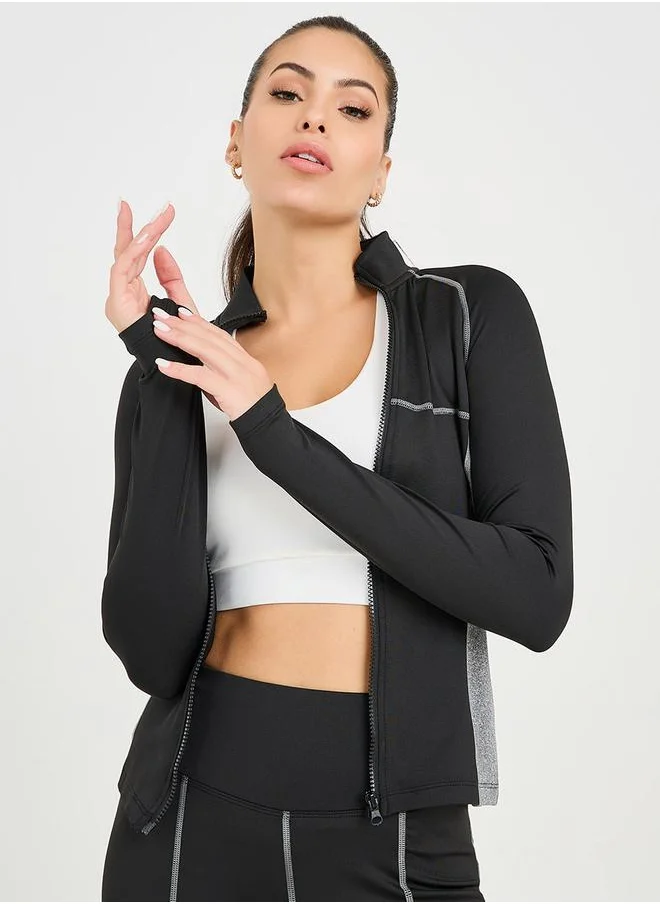 Styli Colorblock Contrast Stitch Detail Zip Up Jacket & Leggings Set