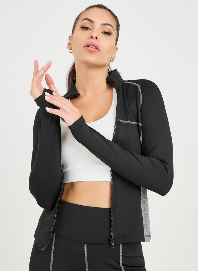 ستايلي اكتيف طقم جاكيت بسحاب بتفاصيل خياطة متباينة وألوان متضاربة مع بنطلون ليجنز - Image 3