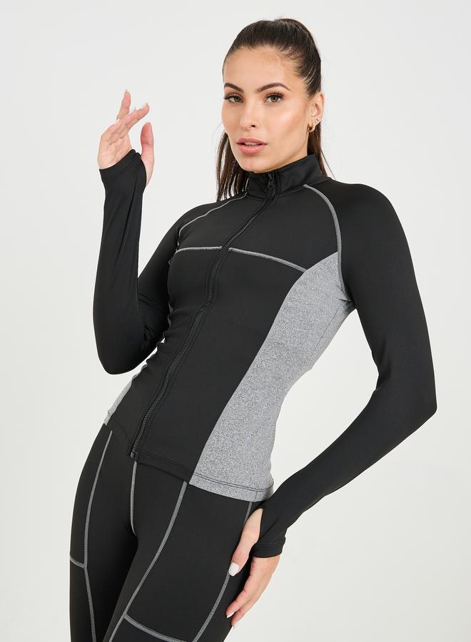 ستايلي اكتيف طقم جاكيت بسحاب بتفاصيل خياطة متباينة وألوان متضاربة مع بنطلون ليجنز - Image 5