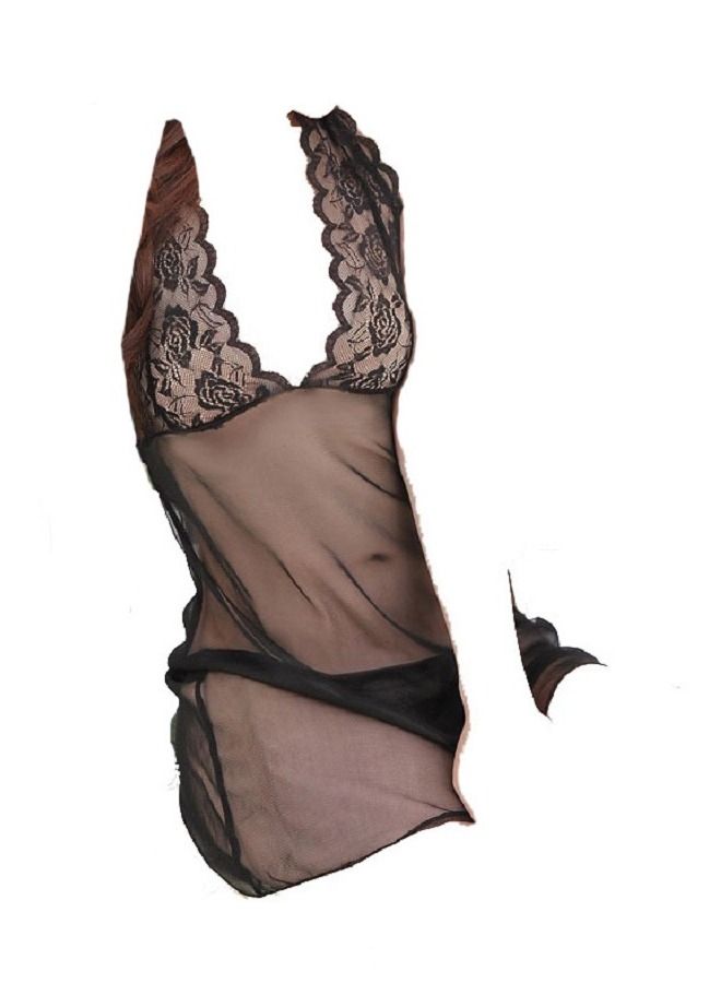 See-through Lace Floral Halter Backless Nightdress With Panty 