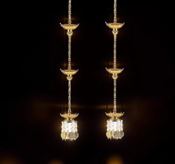 HANGING 5 DEEP MULTI LAYER ELECTRIC DIYA DEEPAK LIGHT POOJA DIYA RICE LED LIGHT FOR DOOR ENTRANCE MANDIR DIYA FOR HOME TEMPLE DECOR ELECTRIC DIYA 3 STEP HANGING PACK OF 2