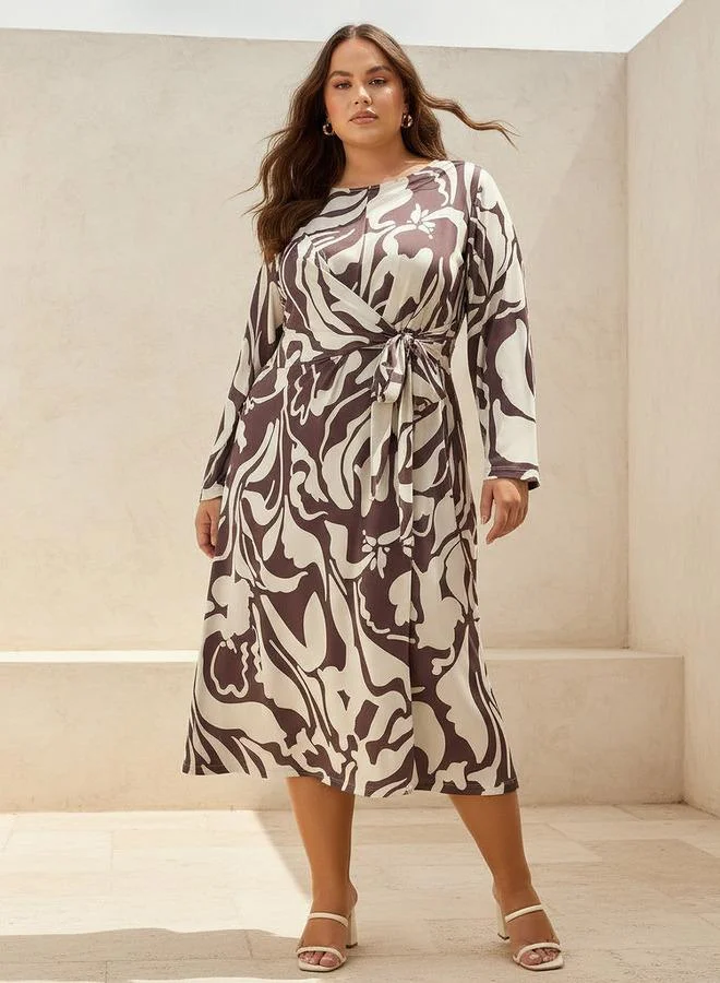 Ulla Popken Ulla Popken A line Midi Dress with Knot Detail and Floral Print