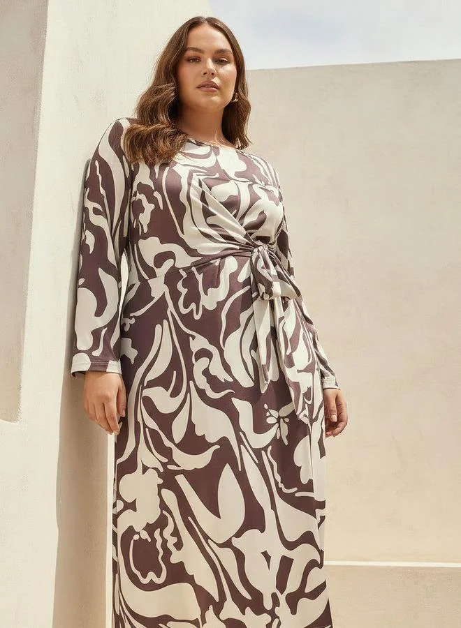 Ulla Popken Ulla Popken A line Midi Dress with Knot Detail and Floral Print