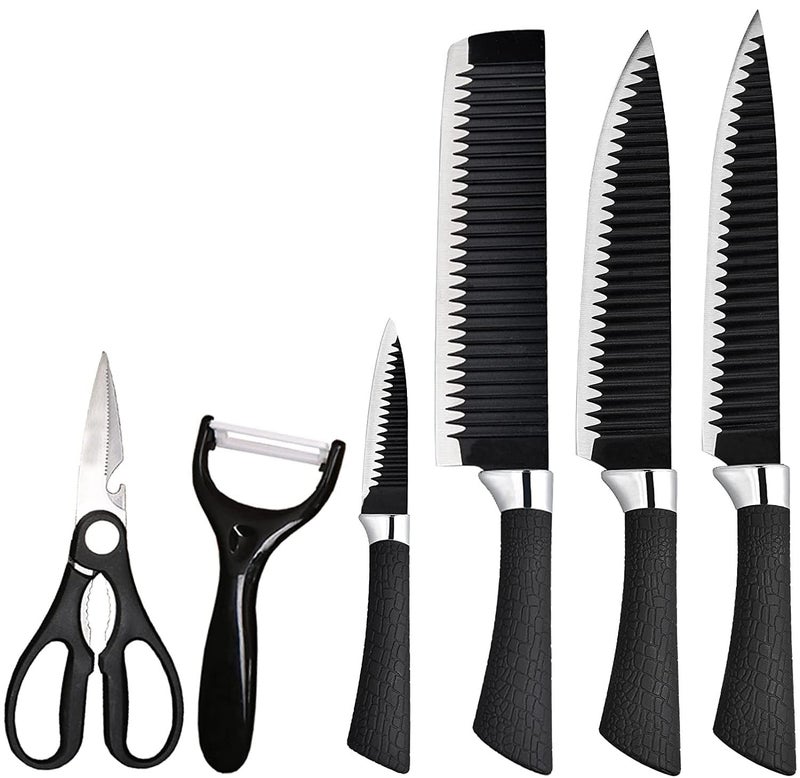 PRANIJ Royal 6 Pcs Kitchen Knife Set High Carbon Stainless Steel Black Colour Coated Chef Knife I Utility Knife I Sontuku Knife I Bread Knife I Utility Knife I Paring Knife Black - Image 1