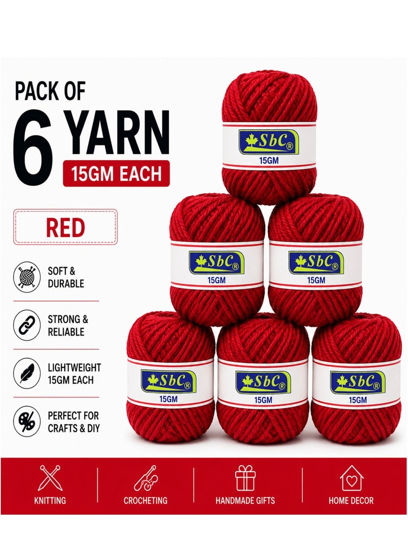 6-Piece Cotton Wool Yarn For Art And Crafts 15gm Content Red