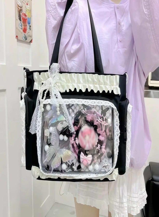 Winatehr cute kawaii ita bag crossbody tote bag, pin display with Insert bow large messenger bag crossbody, cute tote bags with zipper ruffle y2k, kpop japanese trendy purse aesthetic - Image 3