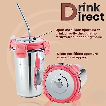 Gladnes Stainless Steel Tumbler with Silicon Aperture Steel Lid Leak Proof Set of 2 pcs with 2 Straws 1 Brush Glass Tumbler Steel lid Steel Glass with Lid Capacity 400ML Ice Pink - Image 2