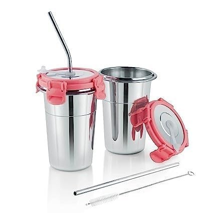 Gladnes Stainless Steel Tumbler with Silicon Aperture Steel Lid Leak Proof Set of 2 pcs with 2 Straws 1 Brush Glass Tumbler Steel lid Steel Glass with Lid Capacity 400ML Ice Pink - Image 1