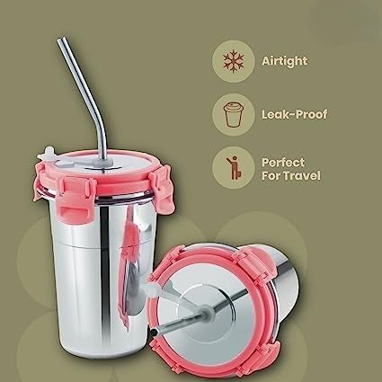 Gladnes Stainless Steel Tumbler with Silicon Aperture Steel Lid Leak Proof Set of 2 pcs with 2 Straws 1 Brush Glass Tumbler Steel lid Steel Glass with Lid Capacity 400ML Ice Pink - Image 5