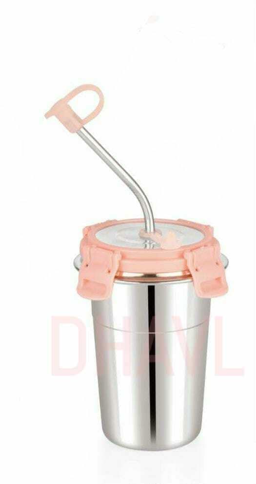 Gladnes Stainless Steel Tumbler with Silicon Aperture Steel Lid Leak Proof Set of 2 pcs with 2 Straws 1 Brush Glass Tumbler Steel lid Steel Glass with Lid Capacity 400ML Ice Pink - Image 4