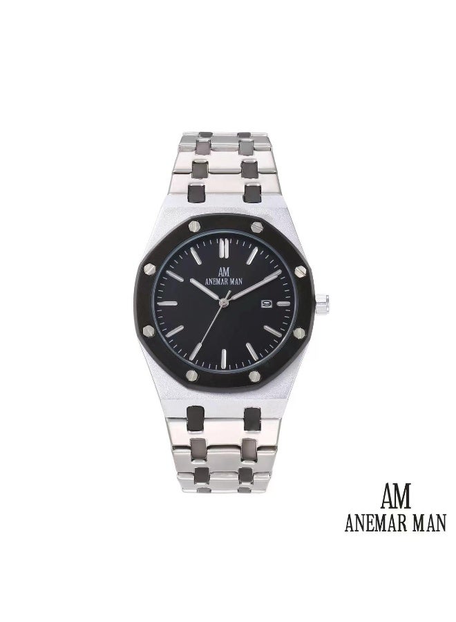 ANEMAR MAN High-quality, water-resistant men's stainless steel wristwatch with a silver and black strap and black dial.
