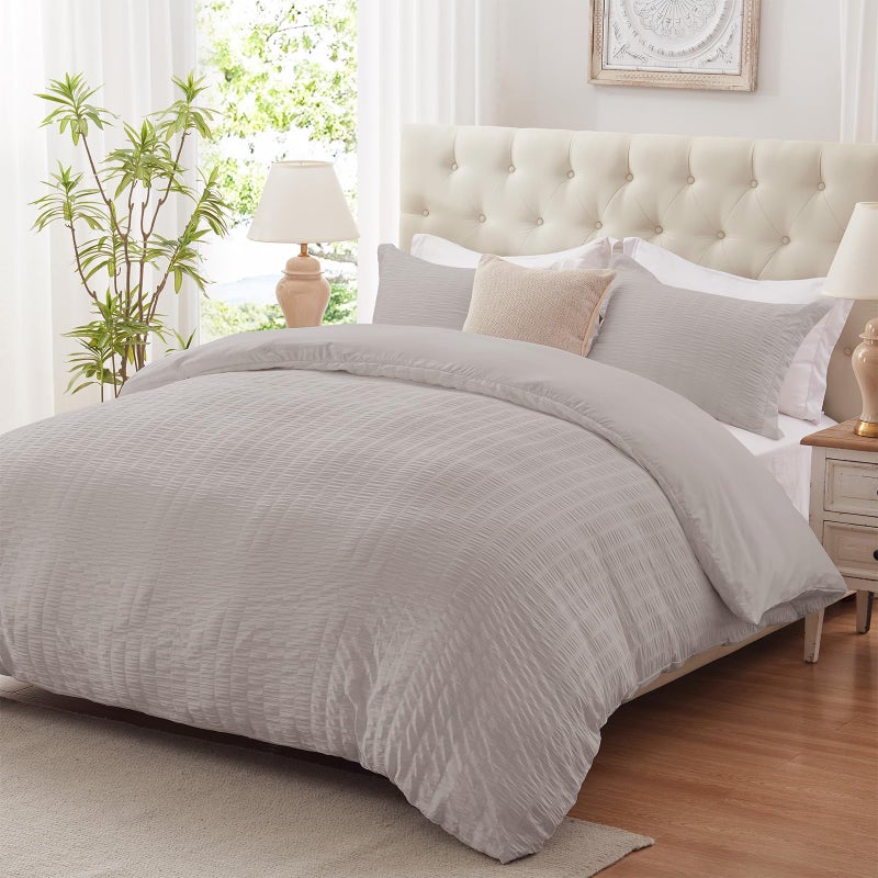 Cozyide Light Grey Twin Duvet Cover, 2 Pieces Bedding Duvet Covers, Soft Breathable Seersucker Duvet Cover Set with Zipper Closure and Corner Ties (1 Duvet Cover 68"x90" + 1 Pillow Sham 20"x26") - Image 1