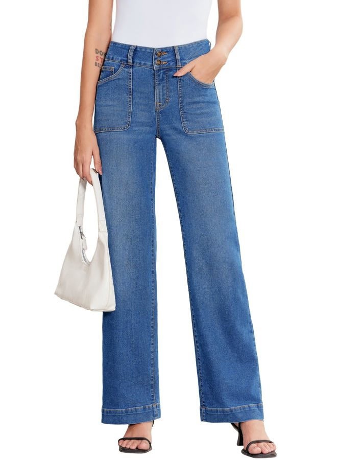 Sidefeel Women's High Waisted Straight Leg Jeans Stretchy Tummy Control Wide Leg Denim Pants with Pockets, Light Blue, 18 - Image 1