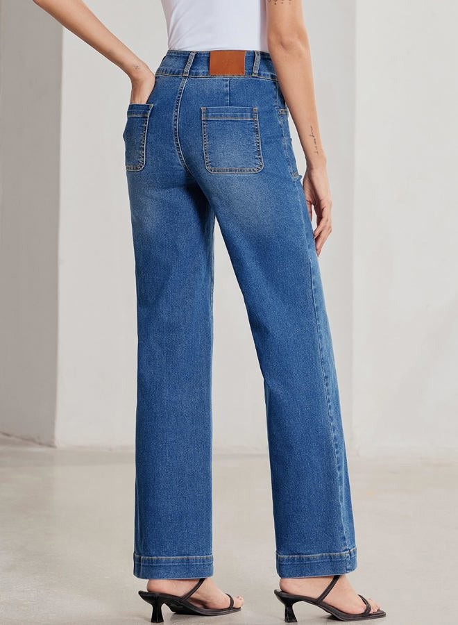 Sidefeel Women's High Waisted Straight Leg Jeans Stretchy Tummy Control Wide Leg Denim Pants with Pockets, Light Blue, 18 - Image 2
