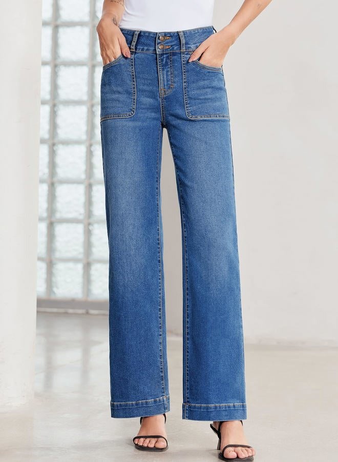 Sidefeel Women's High Waisted Straight Leg Jeans Stretchy Tummy Control Wide Leg Denim Pants with Pockets, Light Blue, 18 - Image 4