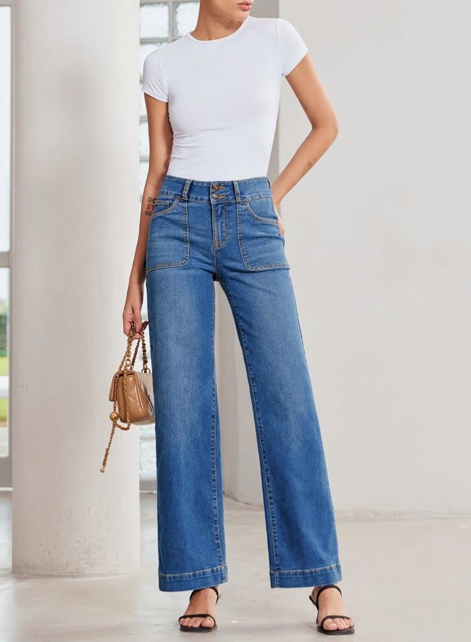 Sidefeel Women's High Waisted Straight Leg Jeans Stretchy Tummy Control Wide Leg Denim Pants with Pockets, Light Blue, 18 - Image 5