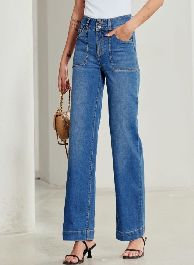 Sidefeel Women's High Waisted Straight Leg Jeans Stretchy Tummy Control Wide Leg Denim Pants with Pockets, Light Blue, 18 - Image 3