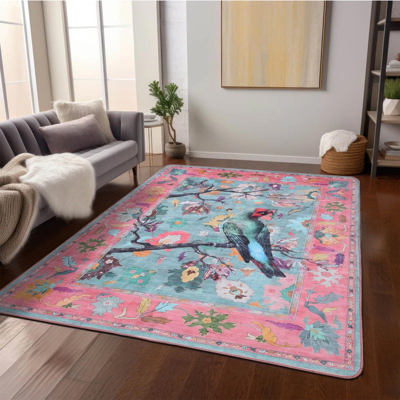 AAZEEM Washable Non-Slip Carpet for Living Room Bedroom Bohemian Low-Pile Printed Indoor Accent Stain Resistant Non-shed Carpet for Home Office Décor |Green Parrot Color|4 X 6 feet - Image 1