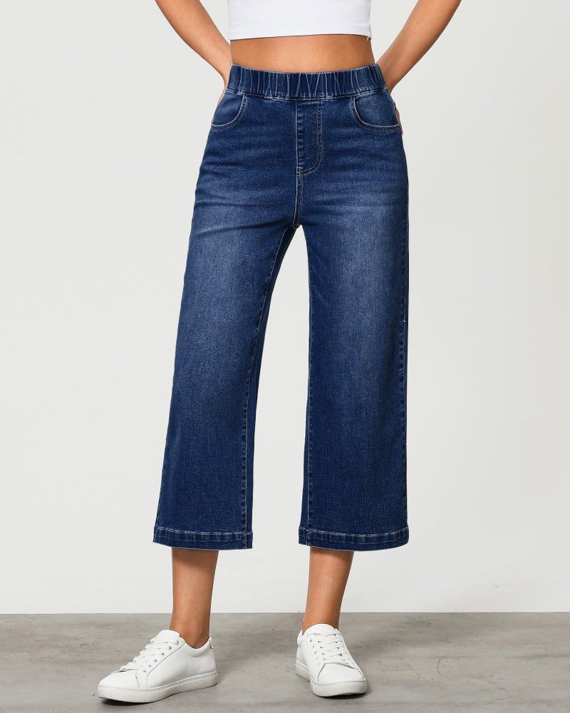 GRAPENT High Waisted Wide Leg Jeans Denim Capris for Women Stretch Women's Pull on Pants Jeans for Spring Stretchy Wide Leg Cropped Pants for Summer Color Darkness Blue Medium Size 8 to 10 - Image 3
