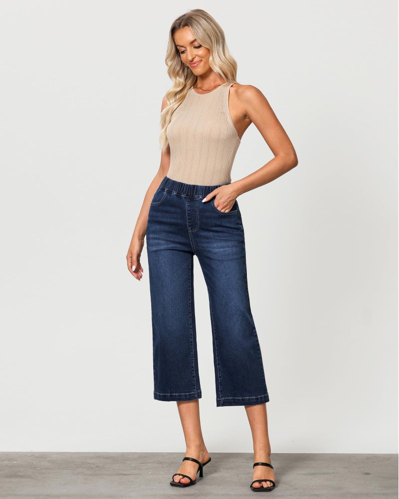 GRAPENT High Waisted Wide Leg Jeans Denim Capris for Women Stretch Women's Pull on Pants Jeans for Spring Stretchy Wide Leg Cropped Pants for Summer Color Darkness Blue Medium Size 8 to 10 - Image 4