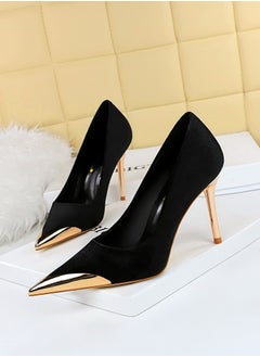 BIGTREE Women's Elegant Velour Stiletto Pumps 10 CM Fashion Gorgeous Closed Metal Pointed Toe Slip On Solid High Heels Black  - Image 1