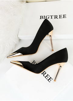 BIGTREE Women's Elegant Velour Stiletto Pumps 10 CM Fashion Gorgeous Closed Metal Pointed Toe Slip On Solid High Heels Black  - Image 3