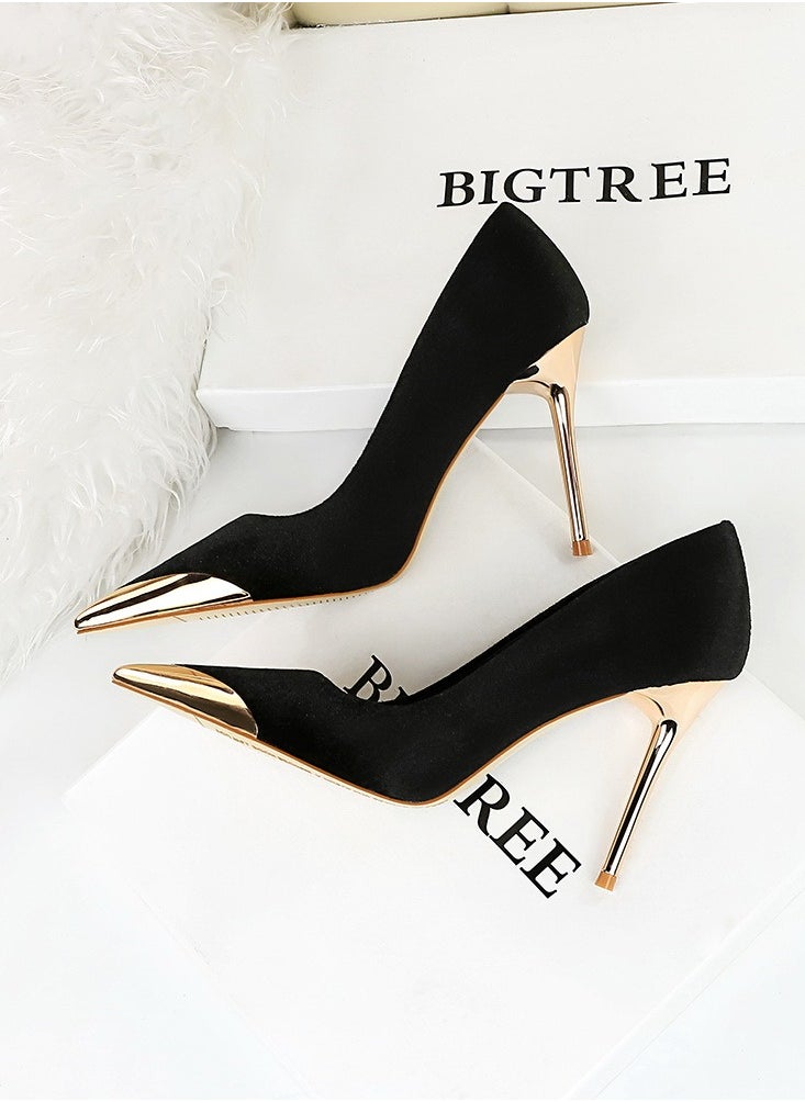 BIGTREE Women's Elegant Velour Stiletto Pumps 10 CM Fashion Gorgeous Closed Metal Pointed Toe Slip On Solid High Heels Black  - Image 3