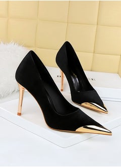 BIGTREE Women's Elegant Velour Stiletto Pumps 10 CM Fashion Gorgeous Closed Metal Pointed Toe Slip On Solid High Heels Black  - Image 2