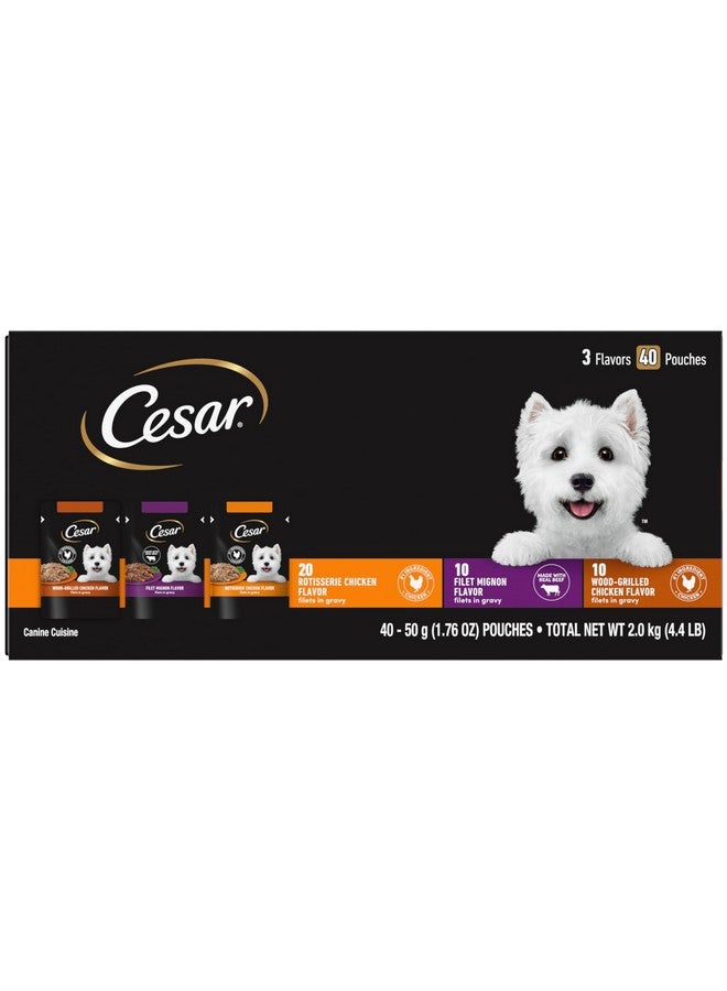 Cesar Filets In Gravy Wet Dog Food Filet Mignon Flavor, Rotisserie Chicken Flavor, And WoodGrilled Chicken Flavor Variety Pack, 1.76 Oz. MiniPouches, 40 Pack - Image 1