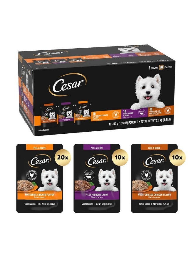 Cesar Filets In Gravy Wet Dog Food Filet Mignon Flavor, Rotisserie Chicken Flavor, And WoodGrilled Chicken Flavor Variety Pack, 1.76 Oz. MiniPouches, 40 Pack - Image 2
