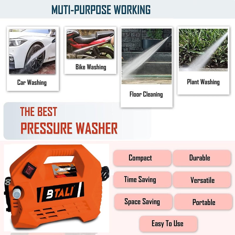 BTALI High Pressure Washer 1600 Watt 130 Bar with Hydraulic Outlet Hose and Heavy Gun Pressure Washer - Image 3